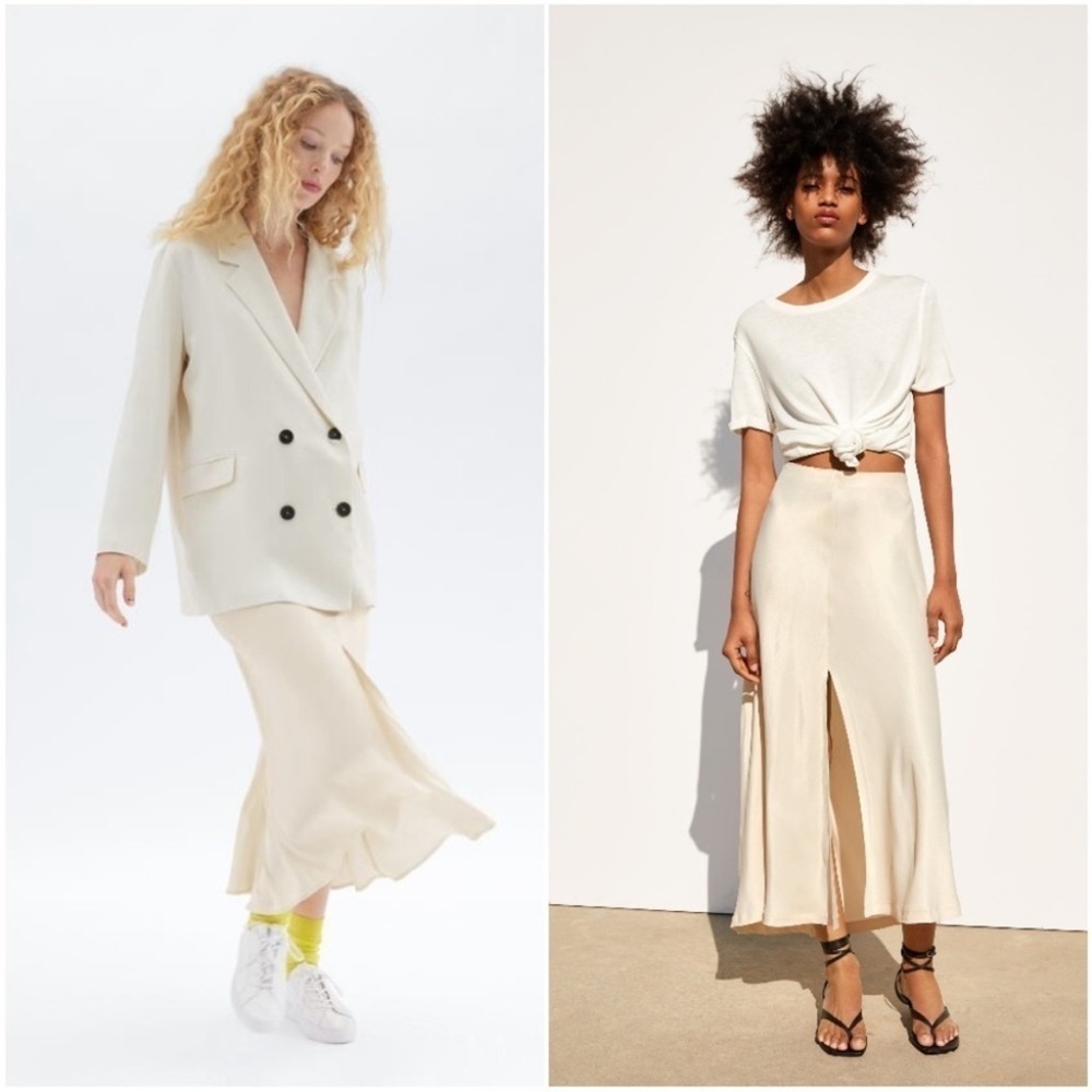 Zara Silky Satin Off White Bone Split Hem Stretch MIDI Skirt
